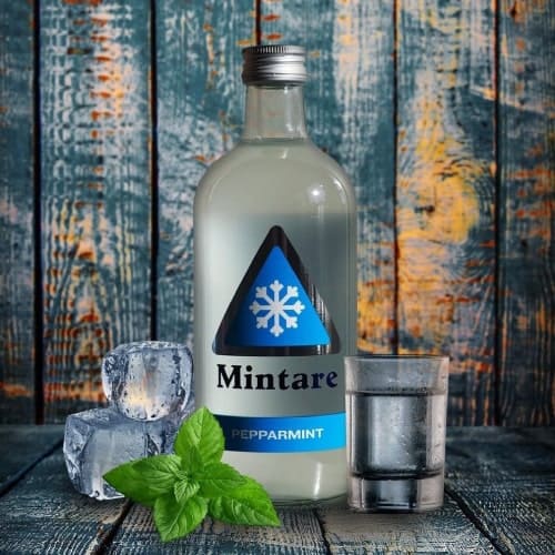 En bild på en flaska Mintare och en iskall shot En flaska Mintare och en iskall shot